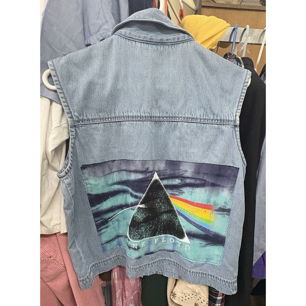 Pink Floyd Women's Blue Denim Vest L Graphic Collared Music Short Logo